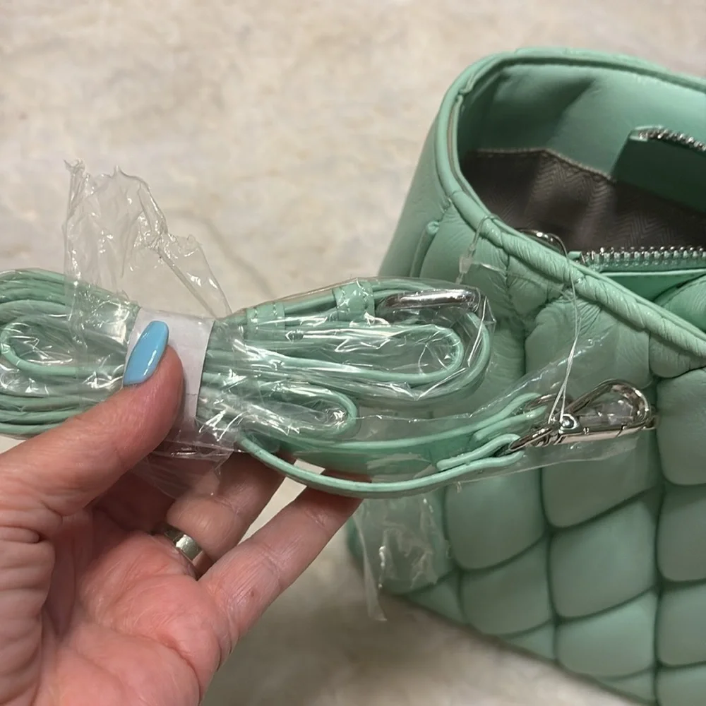 Ecostitch vegan leather Mint Grn puffy woven Tote top handles cross body strap